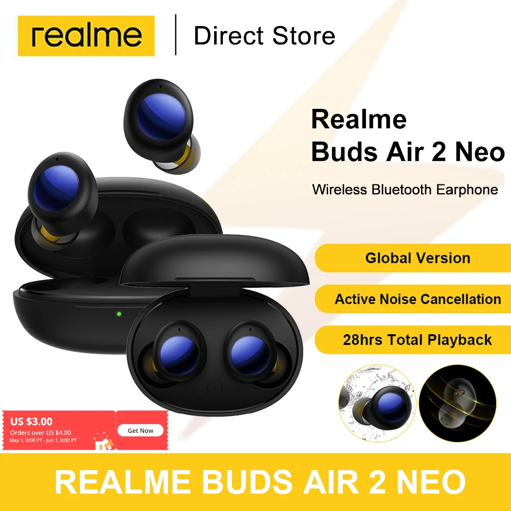 Realme Buds Air 2 Neo TWS Wireless Bluetooth 5.2 Earphones Noise Cancellation Headphone IPX5 10mm Bass Boost Driver Fast Charge |