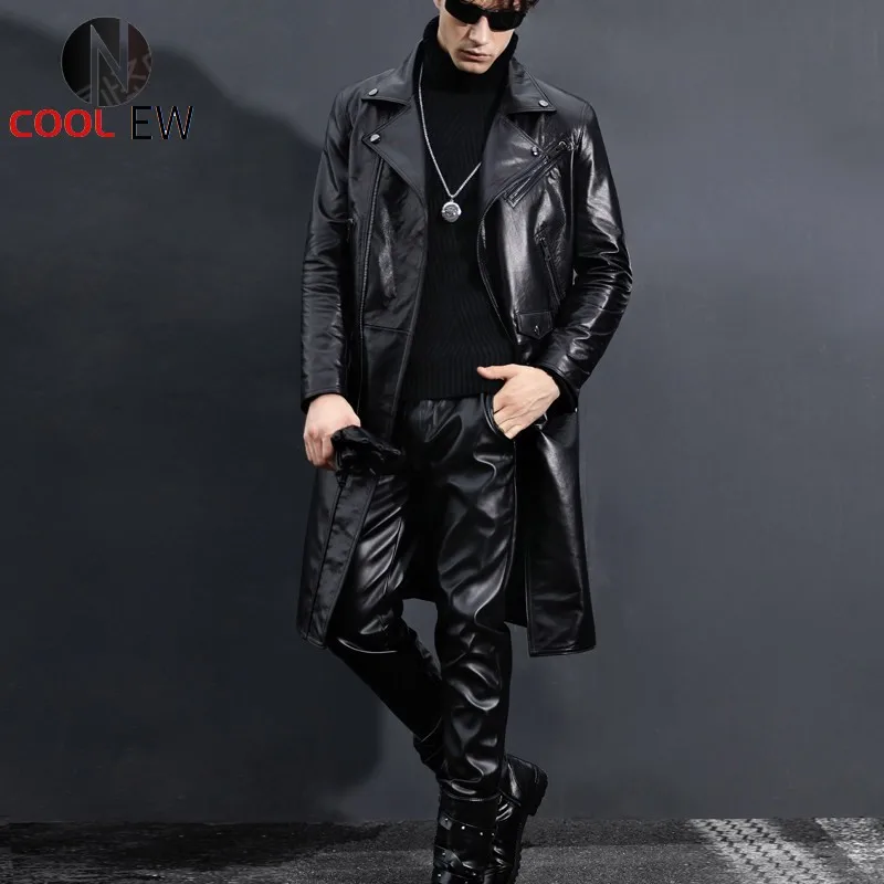 

Genuine Leather Trench Coat Men Slim Fit Black Motorcycle Jacket Winter New Windbreaker Cow Leather Long Jackets Plus Size 5XL