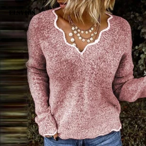 Свитер женский трикотажный, с V-образным вырезом и длинными рукавами, теплый, однотонный, Осень-зима, 2019