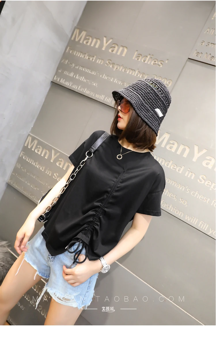 

P069 Round neck drawstring design female niche T-shirt