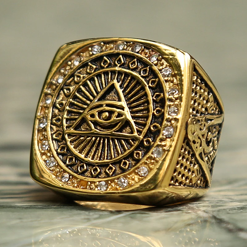 Vintage Heavy Stainless Steel All Seeing Eye Ring For Men Crystal Gold Color Mason Masonic Punk Male Ring Fashion Jewelry Gift