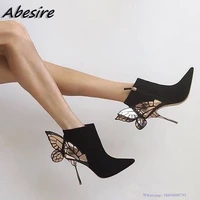 abesire short women ankle boots butterfly decor black thin high heel suede leather pointed toe new autumn winter big size shoes