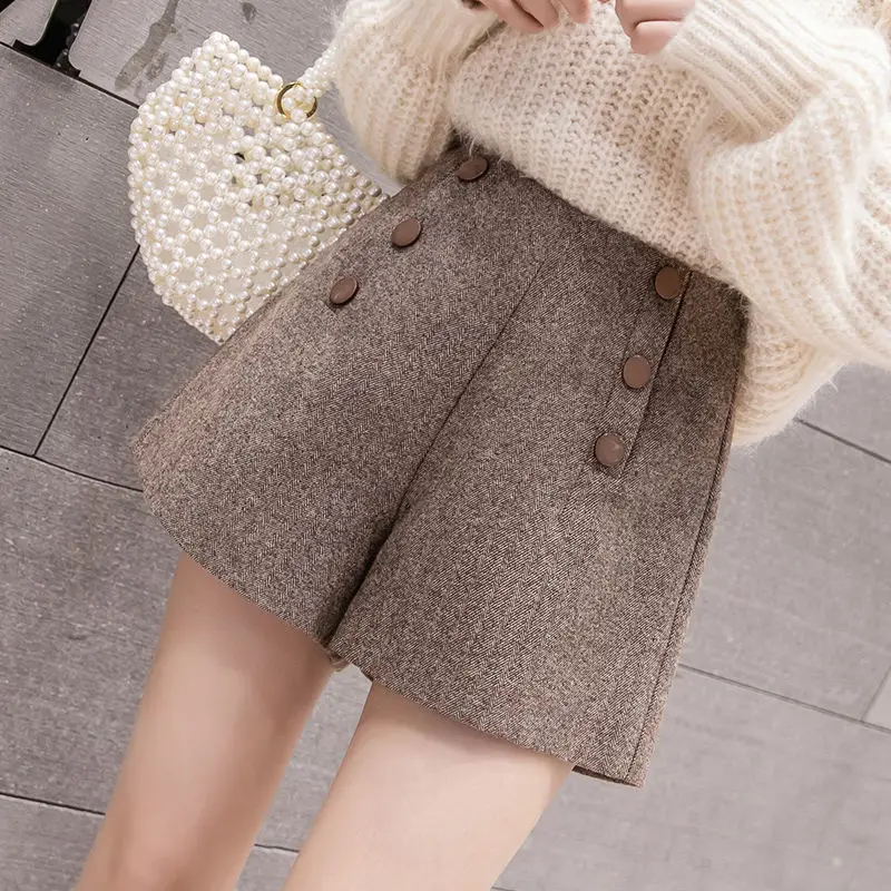 

Women Wide Leg Shorts Female A-line Autumn Winter Casual Comfortable Elegant Short Ladies High Waist Thick Warm Woolen Short A75