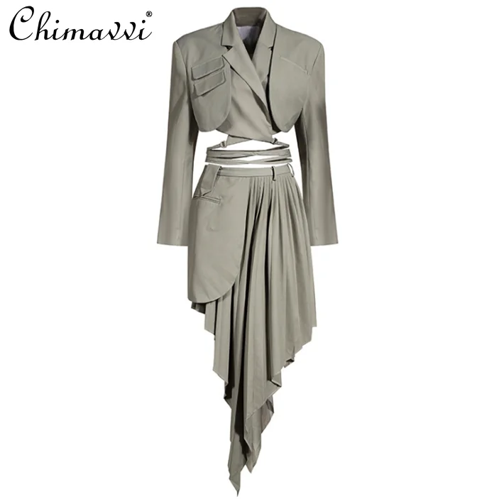 

Women 2 Pices Set 2021 Midriff Long Sleeve Casual Short Suit High Waist A Line Asymmetric Skirt Female Long Skirt and Top Set