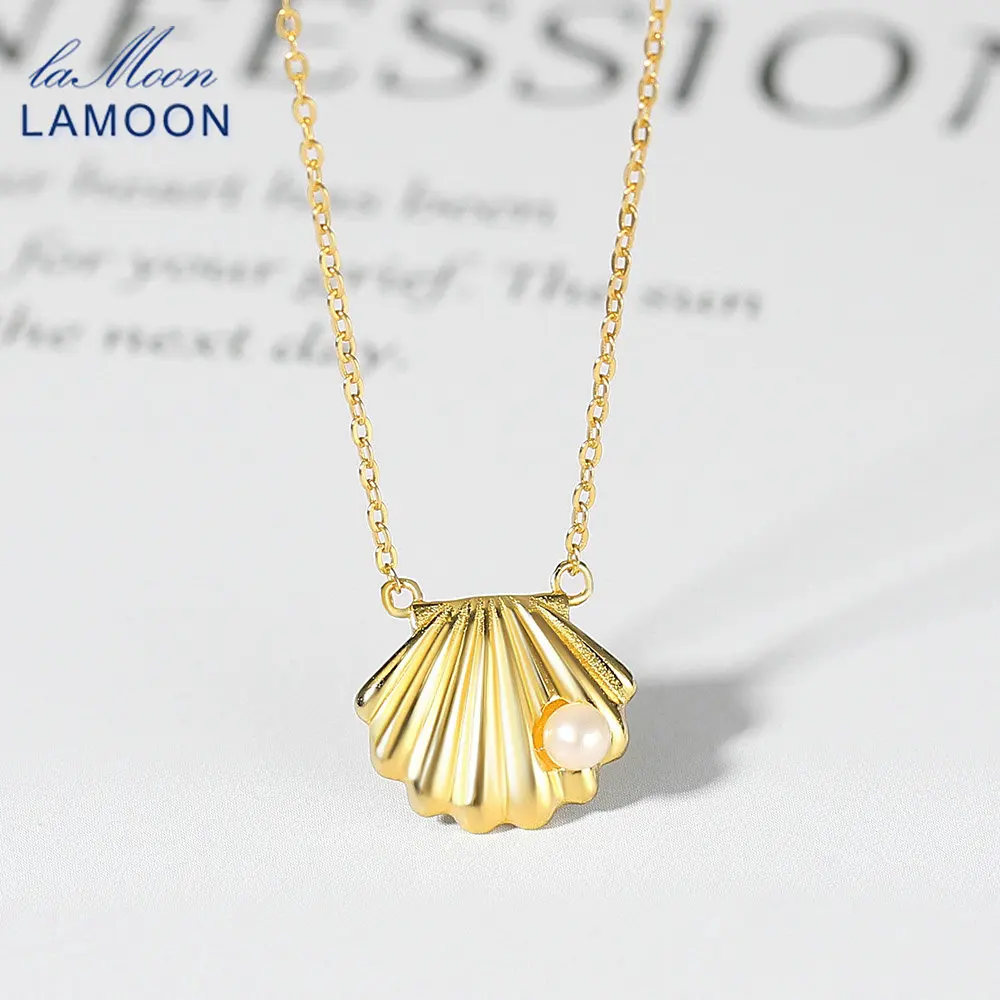 

LAMOON 925 Silver Natural Freshwater Pearl Shell Pendant Necklace For Women 14K Gold Plated Fine Jewelry Necklace korean LMNI146