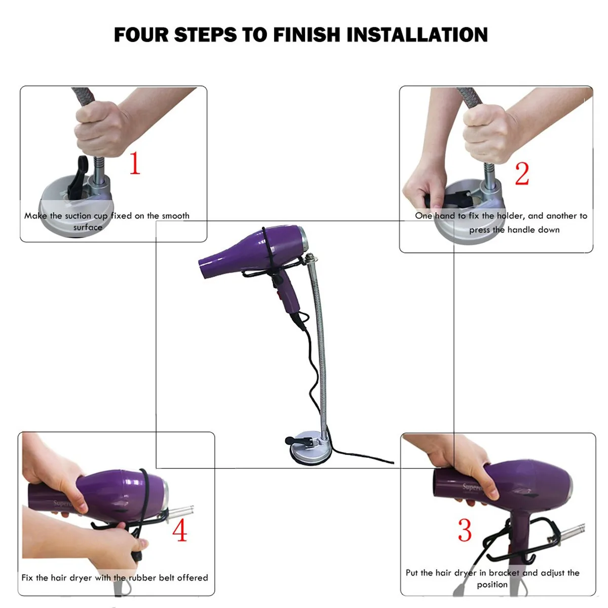 Universal Adjustable Hands Free Hair Dryer Stand Holder Rack Storage 360 Degree Wall Mount With Strong Suction Cup for Bathrrom