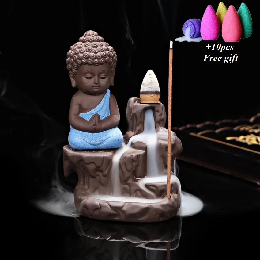Blue-10pcs Mixed Маленький Монах Будда дым обратного потока ладан горелка водопад ладан держатель домашний офис Чайный дом Декор - Цвет: Blue-10pcs Mixed