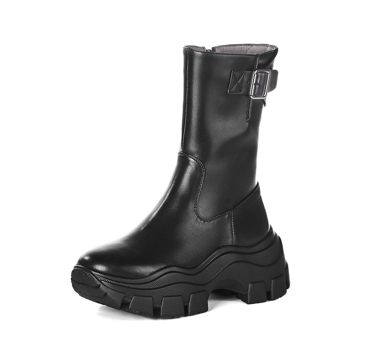 

Winter New Fashion Platform Boots Women Belt Buckle Decoration Knight Boots Genuine Leather Wedge Heel All-match Mid-calf Boots