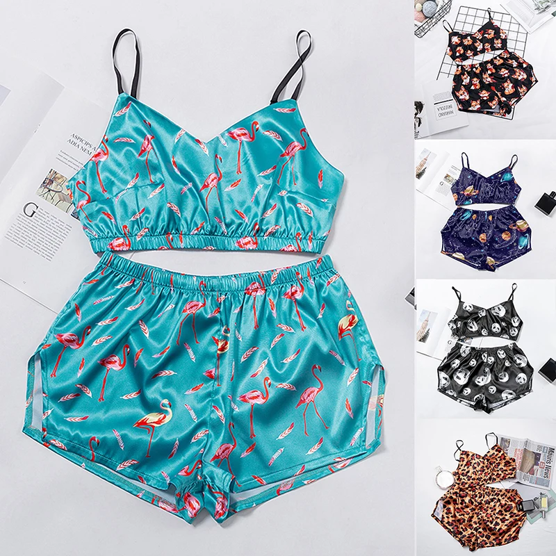 

Sexy Sleepwear Lovely Summer Pyjama Women 2 Piece Set Casual Satin Pajamas Set Female Homewear Sleeveless Nightwear