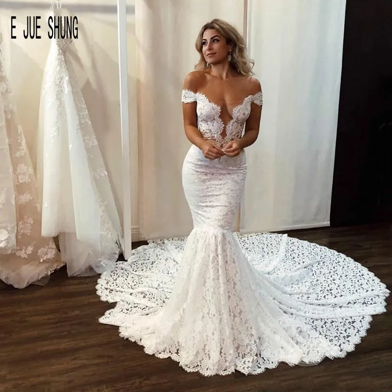 

E JUE SHUNG Sexy Lace Mermaid Wedding Dresses Buttons Back Sheer Back Beach Wedding Bridal Gowns robe de mariee