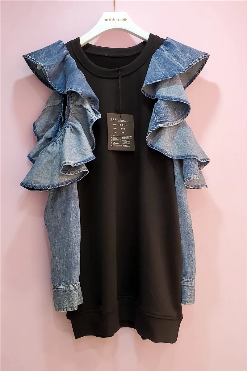 

2021 Spring and Autumn New Women's Clothing Stitching Denim Off Shoulder Ruffled Sleeve Sweatershirts Top Fashion Hoodies
