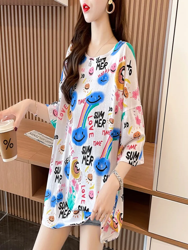 

Fashion Women T-Shirts 2021 Summer Blouse Printing White Long Loose Tees Casual Plus Size Women Shirt Female Clothes Ladies Tops