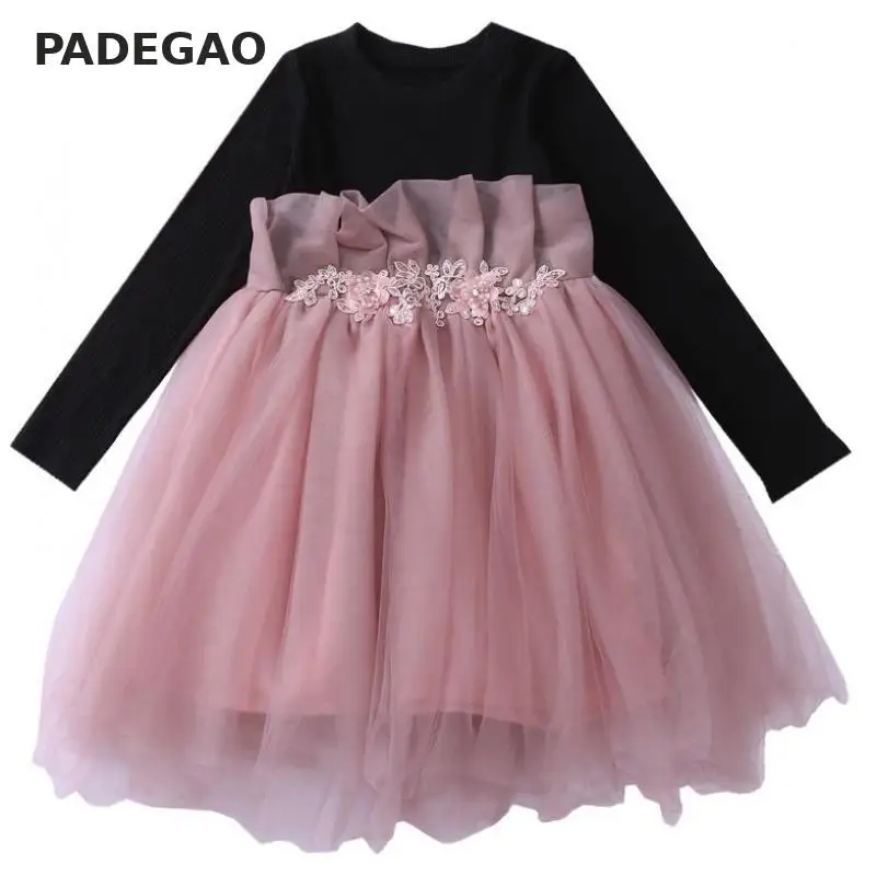 Girls Dress Mesh Patchwork Long Sleeve Children Party Color Matching Pink Princess Dresses Kids Clothes | Детская одежда и обувь