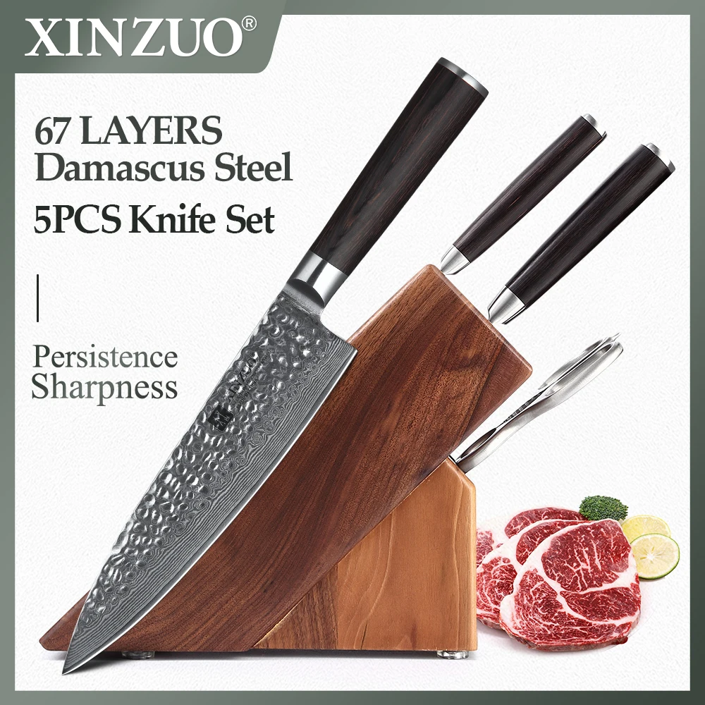 

XINZUO 5PCS Kitchen Knife Set 67 Layers Damascus Steel Chef Knife Santoku Knife Utility Scissors Knife Holder Stand Block