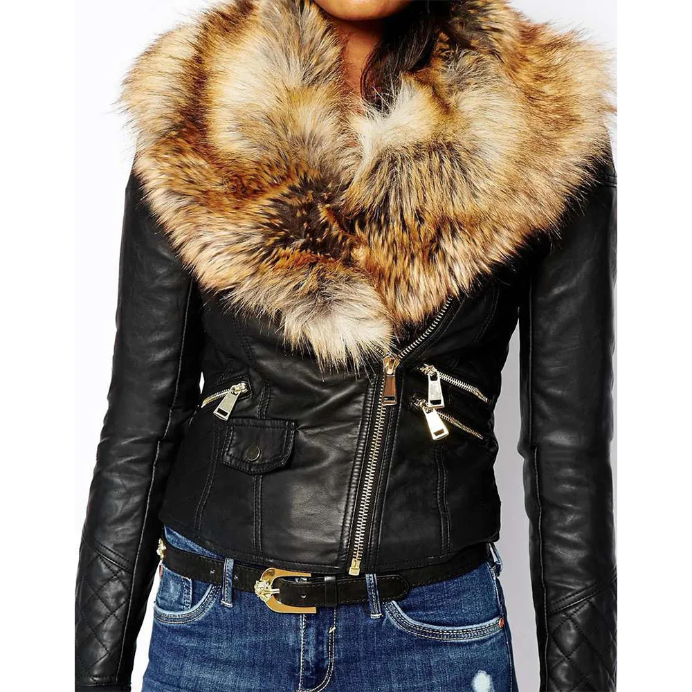 Women's Winter New Style Artificial Fur Lapel PU Leather Fashion Skinny Short Plus Size Zipper Motorcycle Leather Jacket enlarge