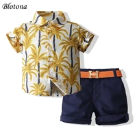blotona 2pieces kids suit set coconut tree print lapel collar short sleeve topssolid color shorts waistband for boys 1 6years