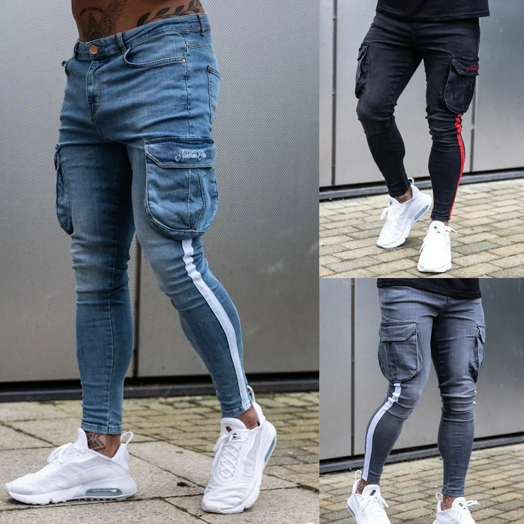 Fashion New Men's White Stripe Splicing Slimming Pants Painted Pockets Jeans Men  Pencil Pants Plus Size Skinny Jeans Men