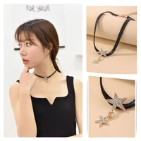 choker the european and american style black leather rope necklace pentagram rhinestone pendant collarbone chain wholesale