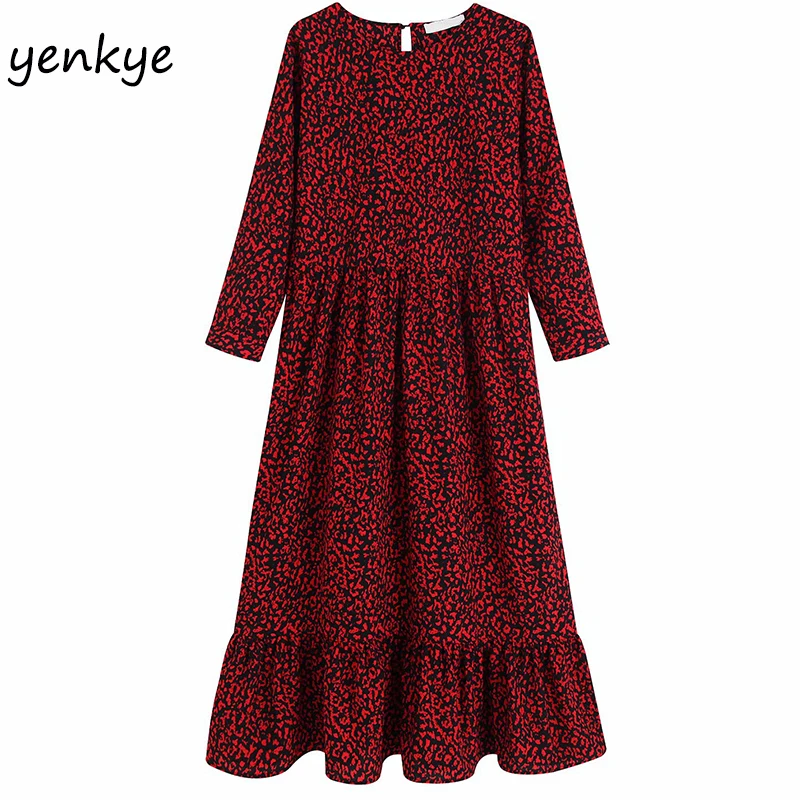 Осеннее платье 2019 женское винтажное длинное с животным принтом Женский круглым