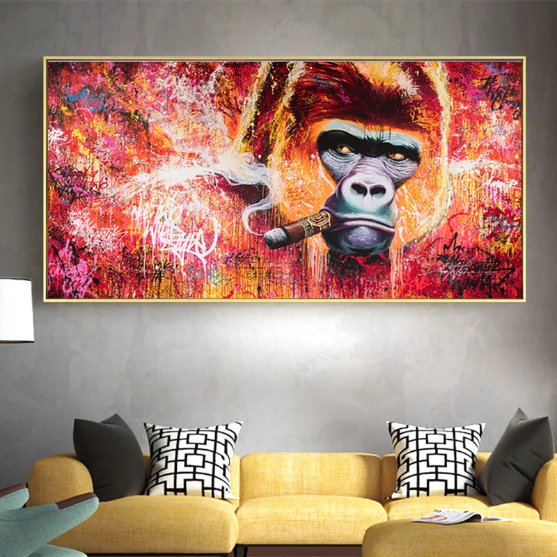 

Graffiti Monkey Gorilla Smoking Oil Painting on Canvas Posters and Prints Scandinavian Cuadros Wall Art Picture for Living Room