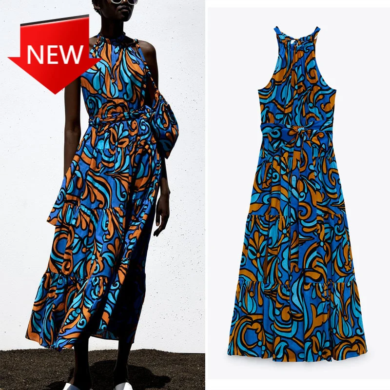 

Za Dress Women Sleeveless Pleated Sexy Party Dress Women Vintage Back Opening Blue Dresses 2021 Summer Halter Print Midi