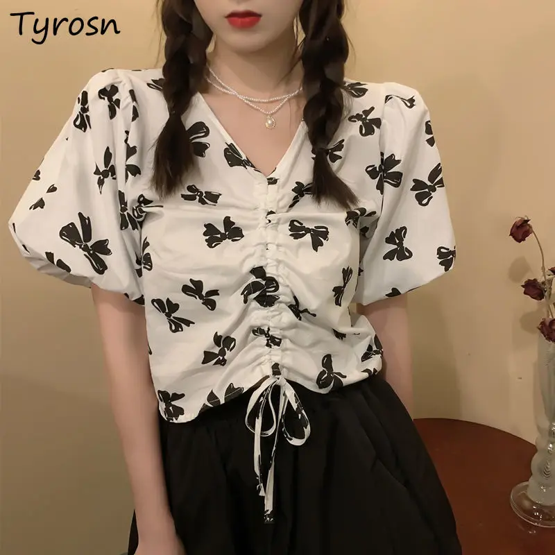 

Blouses Mujer V-neck Bow Printed Shirring Cropped Tops Sexy Summer Women Short Sleeve Fashion Streetwear Chic Sweet Ulzzang New