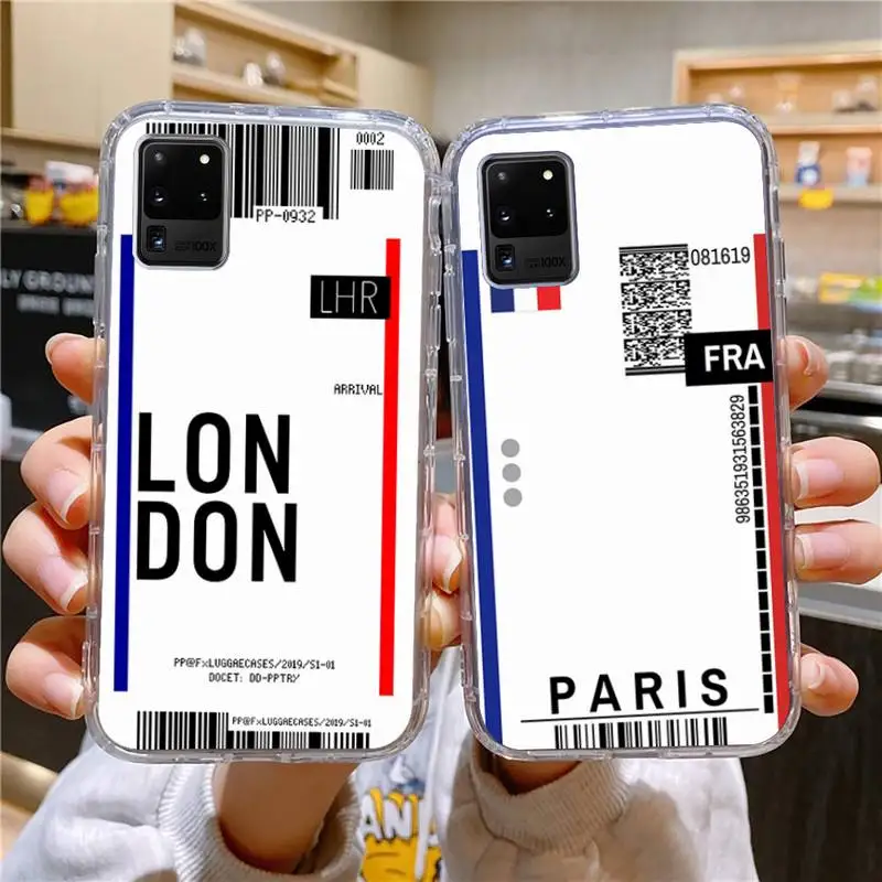 

World City Travel Ticket Label Phone Case For Samsung Galaxy S10 S10e S8 S9 Plus S7 Edge Note10 9 8 Soft Transparent TPU Cove