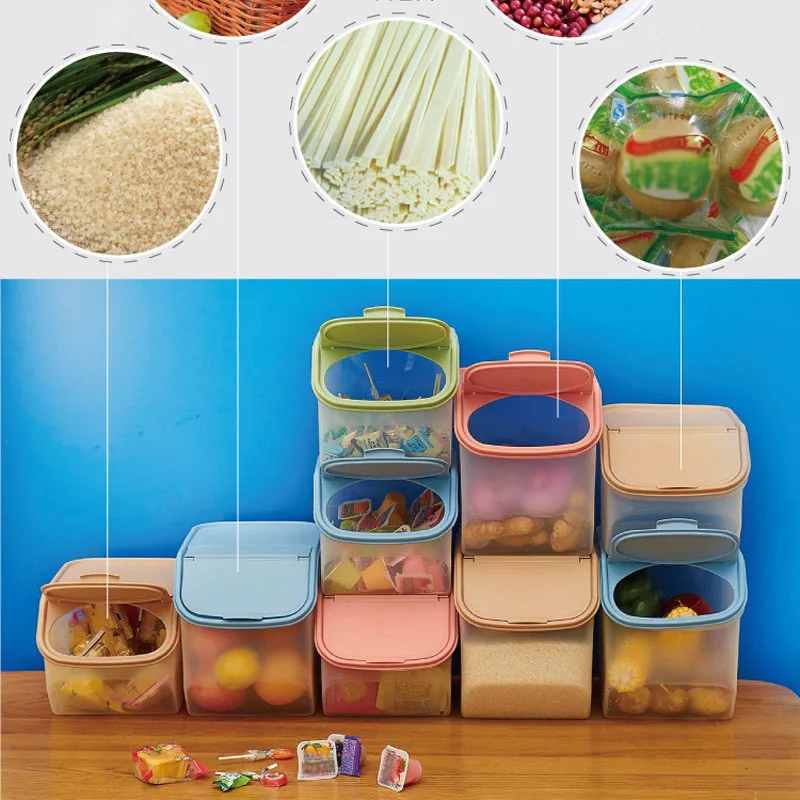 

Dried Food Storage Sealed Box With Measuring Cup Plastic Kitchen Cereal Flour Rice Bin Bean Grain Container Organizer