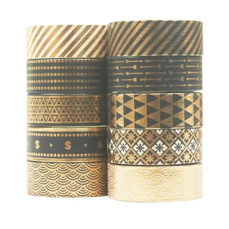 

10Rolls/Set Black Gold Foil Washi Tape Set Paper Festival DIY Scrapbooking Adhesive Masking Tape Decorative Sticky Washi