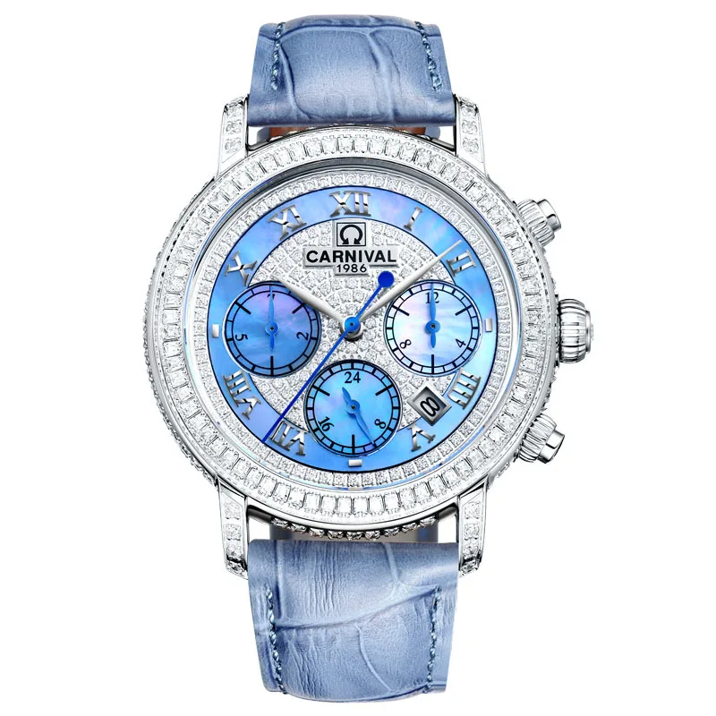 

Luxury Carnival Brand Women Full Diamonds Watches Automatic Self-winding Genuine Leather Wrist watch Mechanical Calendar Watch