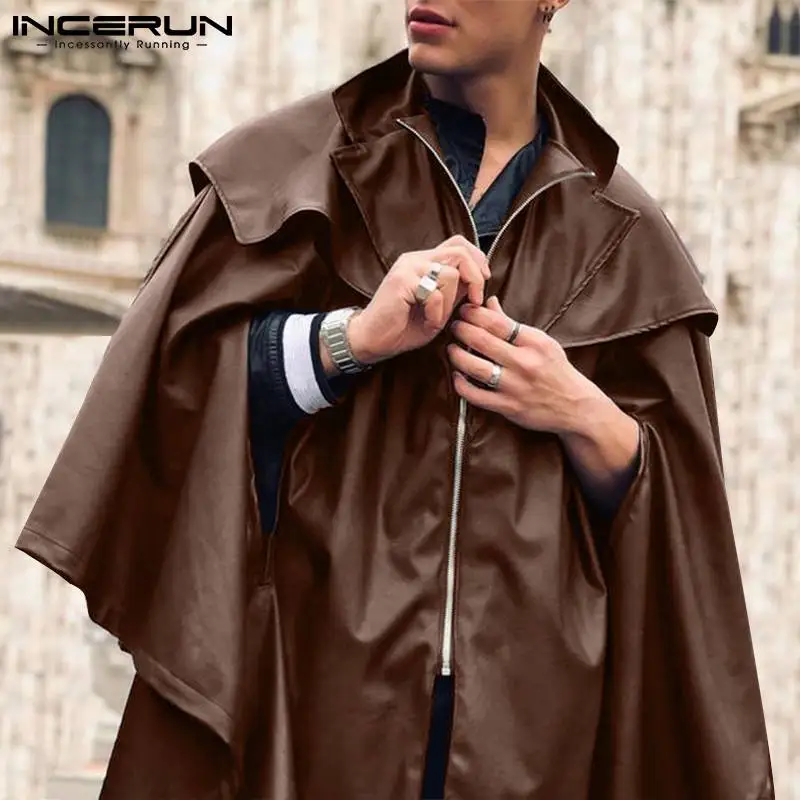 

Тренч INCERUN 2021 мужской осенний, Повседневная ветровка с отворотом, на молнии, оверсайз, однотонная уличная одежда, накидка, пончо