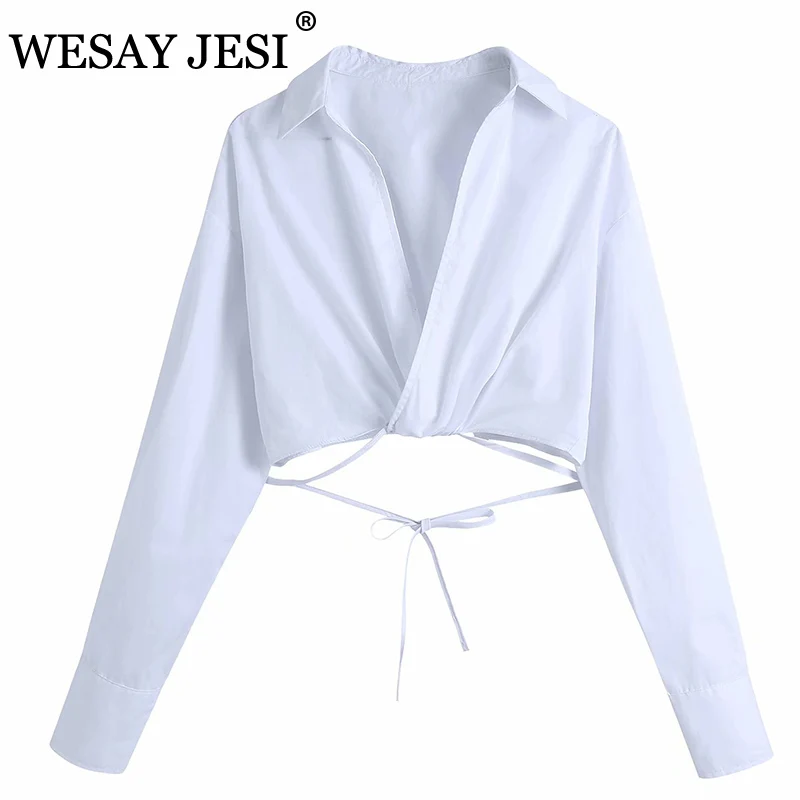 

WESAY JESI Spring Women's Blouse Fashion Sexy Vintage Long Sleeve V Neck Pleated Ladies Short Shirt Chic White Tops All-Match