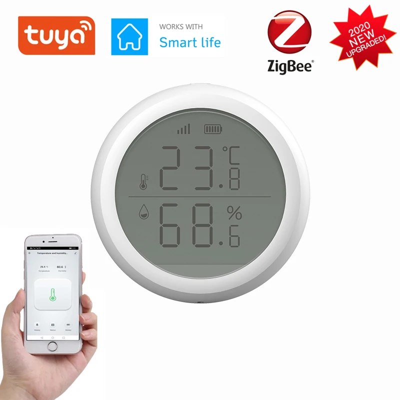 

Датчик температуры и влажности Tuya ZigBee для умного дома, сенсорный экран светодиодный Ной подсветкой, работает от аккумулятора, с концентрато...