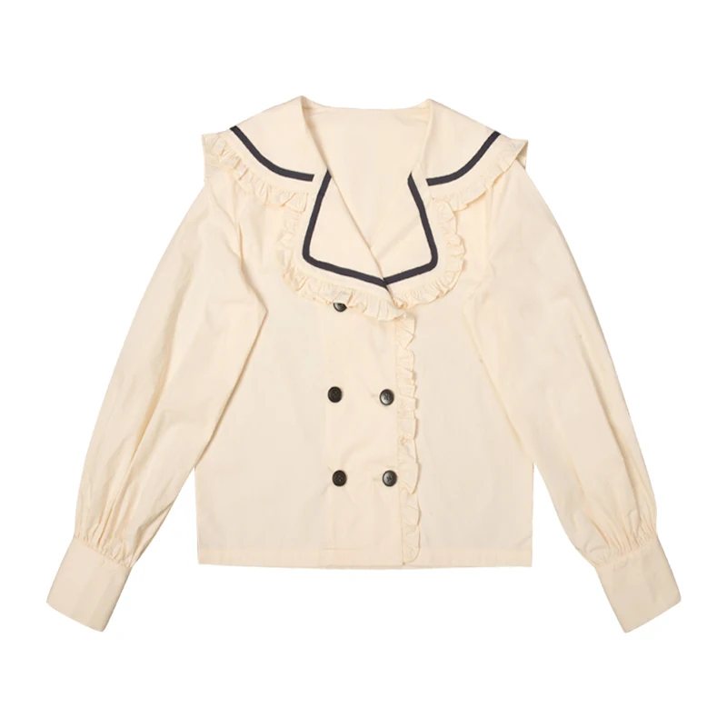 

PERHAPS U Women Beige Sailor Collar Button Lantern Sleeve Long Sleeve Shirt Loose B0681