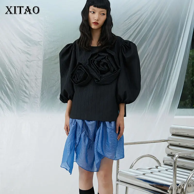 

XITAO Patchwork Button Floral Solid Blouse Women 2021 Autumn Casual Fashion Style Temperament All Match Women Clothes GWJ0007