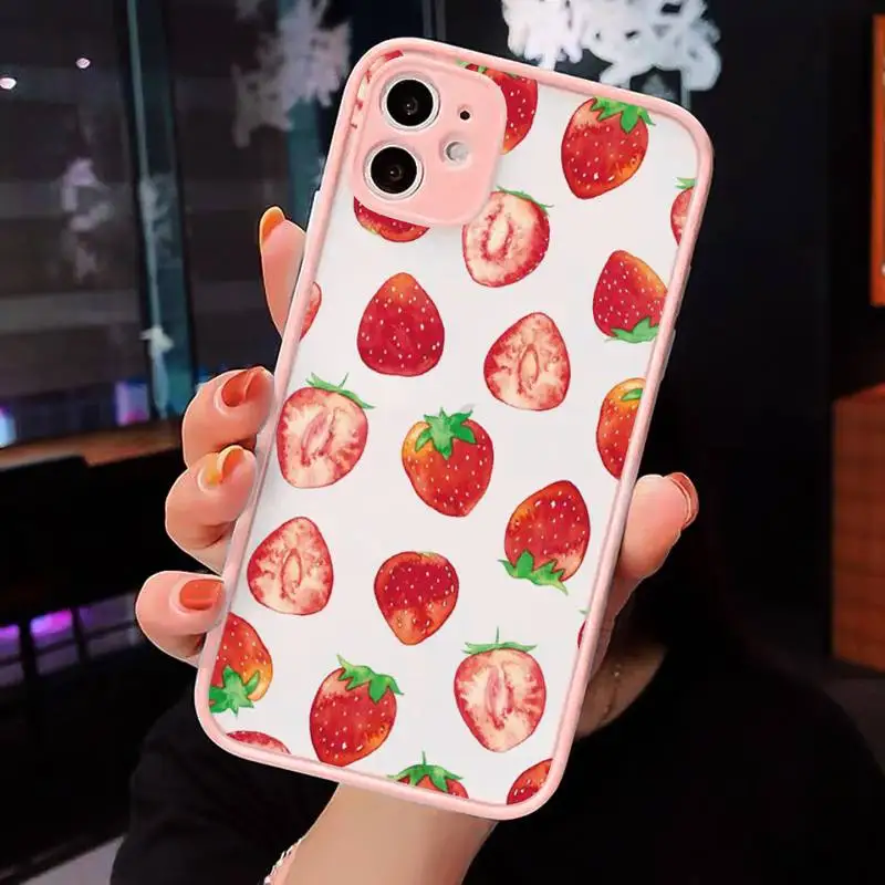 

Cartoon fruit strawberry cherry Phone Case Matte Transparent for iPhone 7 8 11 12 s mini pro X XS XR MAX Plus cover funda