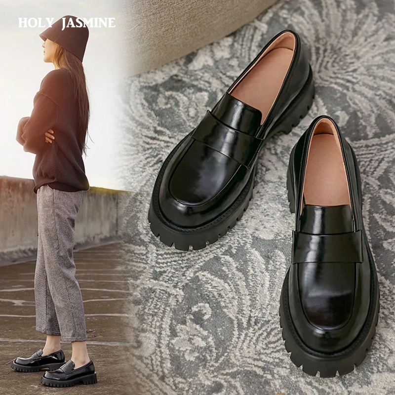 

Leather Platform Shoes Women Spring Autumn 2021 New Arrival Designer Black Fashion Ladies Flats Shoes Woman Luxury Shoes Women