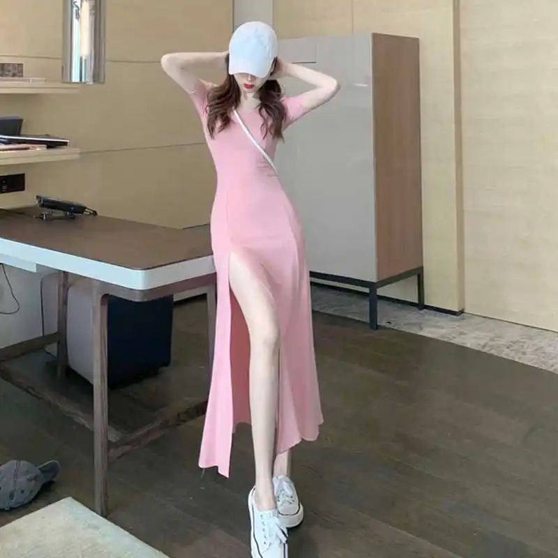 Летняя женская одежда в Корейском стиле новинка однотонное облегающее платье с