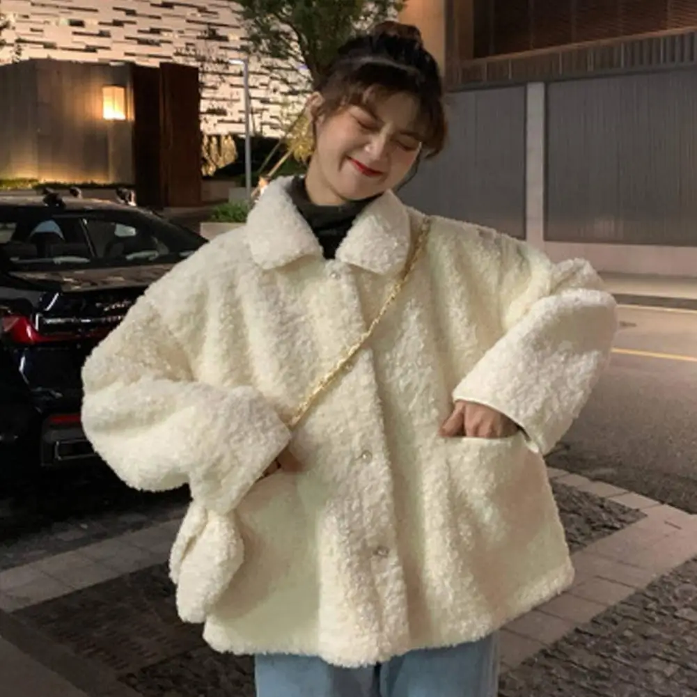 

Autumn Winter Women Solid Color Faux Fleece Buttons Loose Pockets Coat Jacket