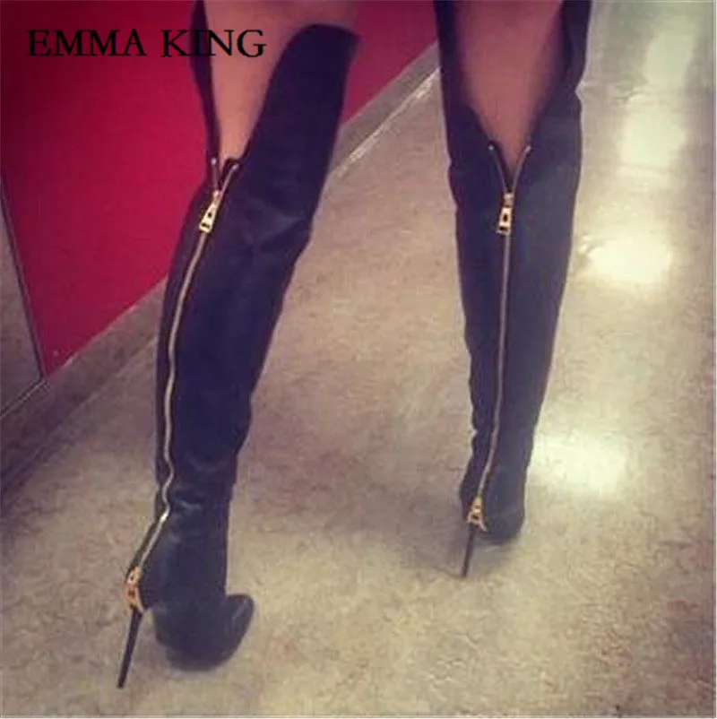 

Women Black Back Zipper Knee High Boots Ladies 12cm Sexy Pointed Toe High Heels Riding Boots Cowgirl Female Fashion Dress Boots