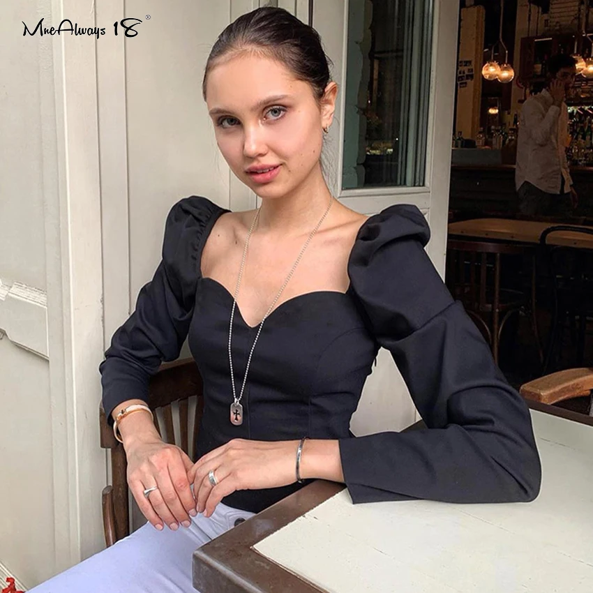 Mnealways18 элегантная женская блузка с квадратным воротником черный топ пышными
