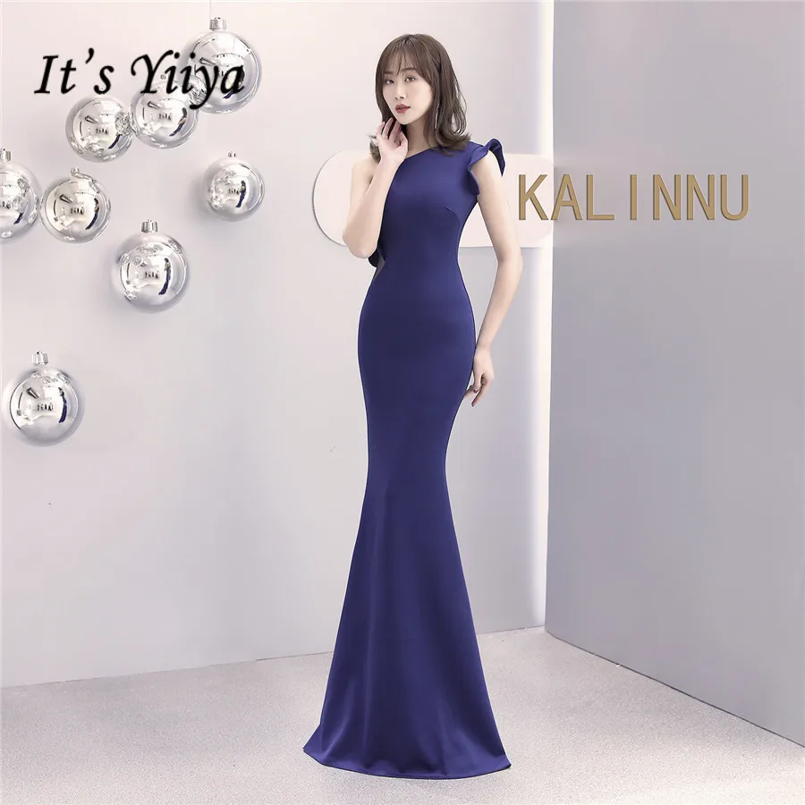 Женское вечернее платье It's Yiiya темно синее на одно плечо с юбкой годе лето
