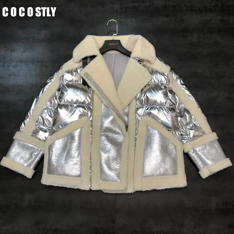 Зимнее женское пальто серебряная куртка из овечьей шерсти один пуховик модное