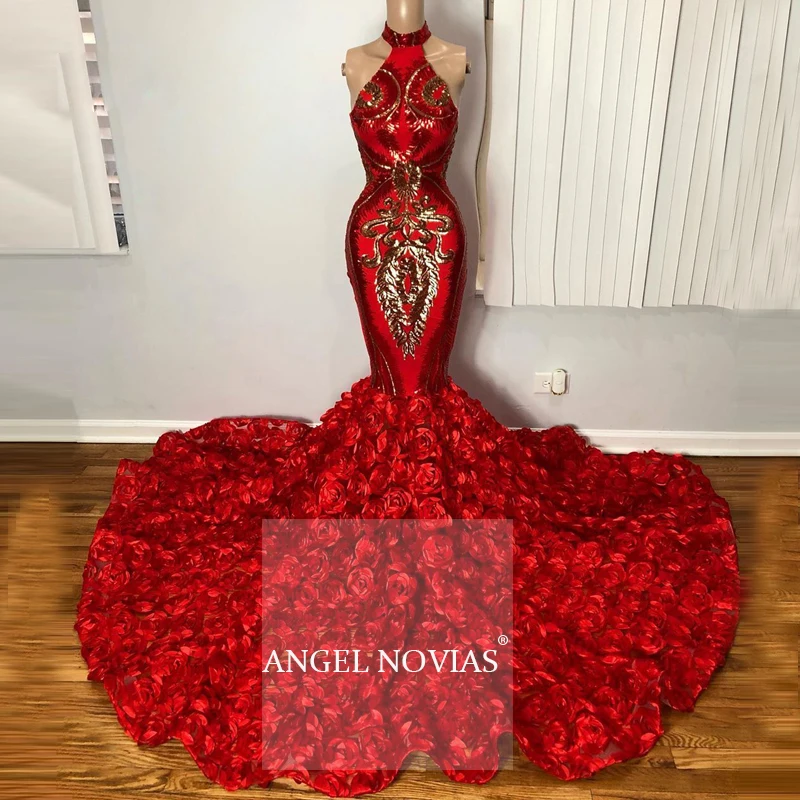 Женское платье с юбкой годе длинное красное цветочным 3D принтом и лямкой на шее