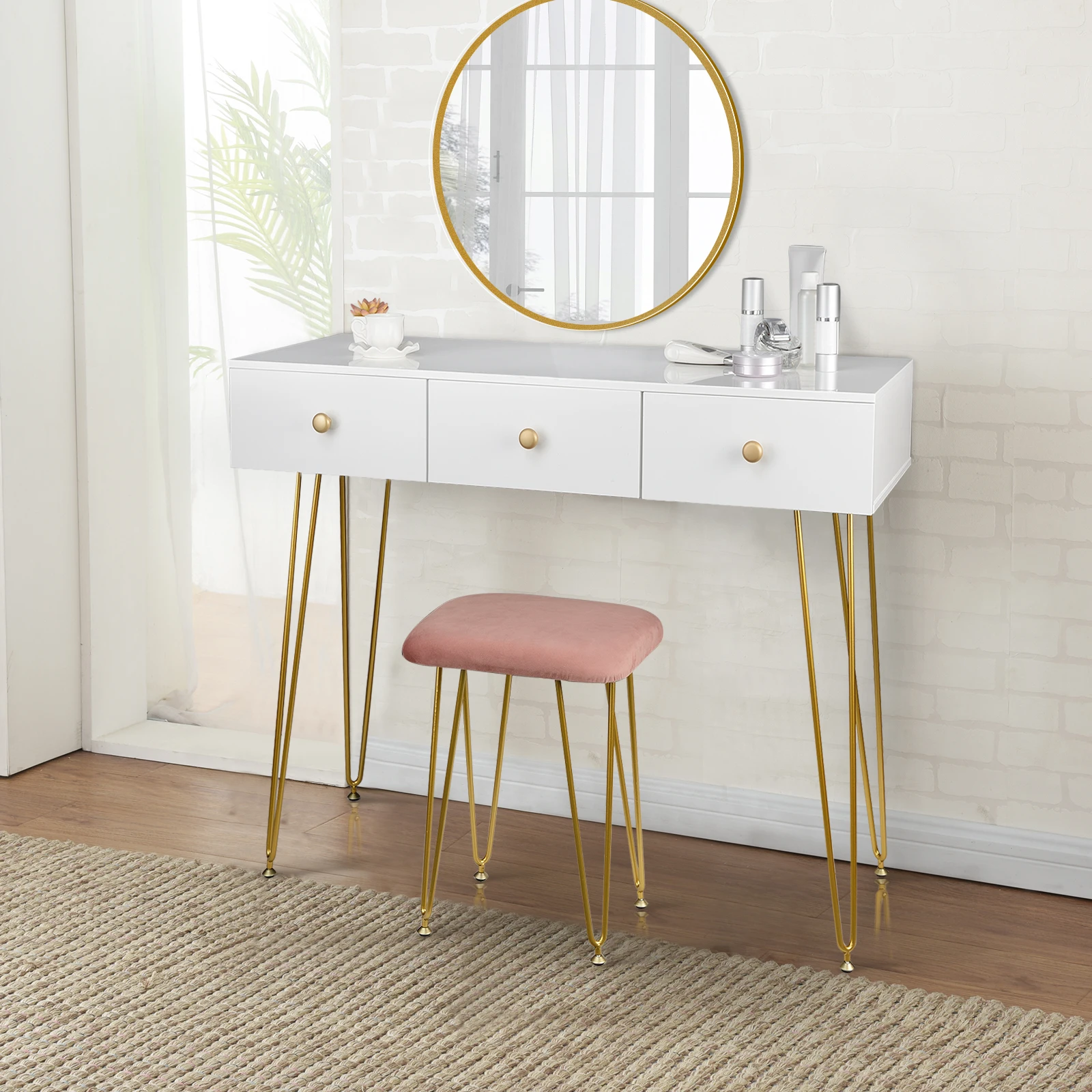 1Set Dressing Table with Stool Mirror Women Girls Makeup Cosmetic 3 Drawers Vanity Dressers Bedroom Furniture | Мебель