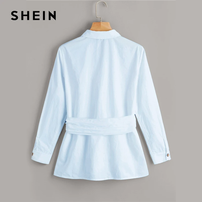 SHEIN Button Front Belted Blouse White Solid Long Sleeve Blouse Casual Women Clothes Spring Autumn Blouses