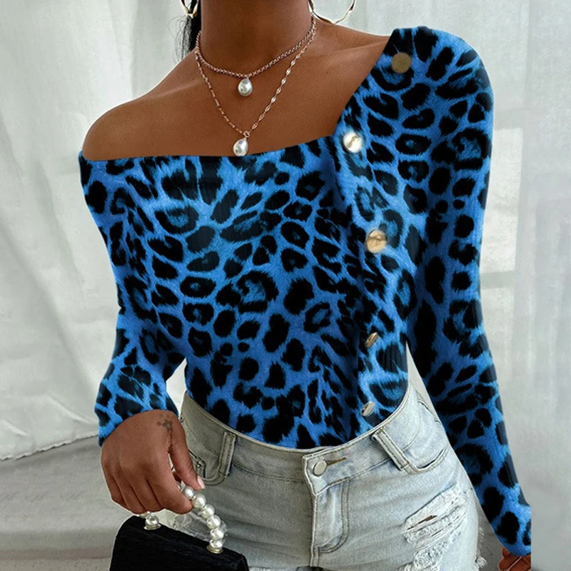 

Casual Women Button Blouses Sexy Out Shoulder O-Neck Slim Female Shirts Lelgant Leopard Printed Long Sleeve Lady Shirt