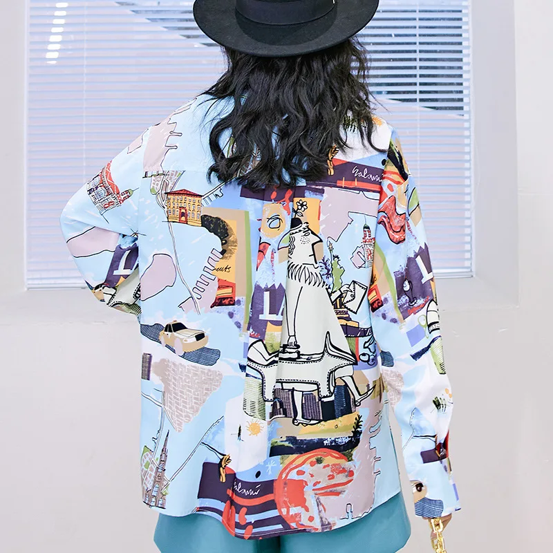 

LANMREM 2021 Spring Women Printed Shirts Loose Plus Size Blouse Turn-down Collar Long Sleeve Female Tops Korean Style 2A9128