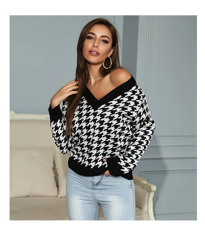 

Cross-border Sweater Women European and American Plus Size Long-sleeved Houndstooth Jacquard Knitted Clothing Spring New