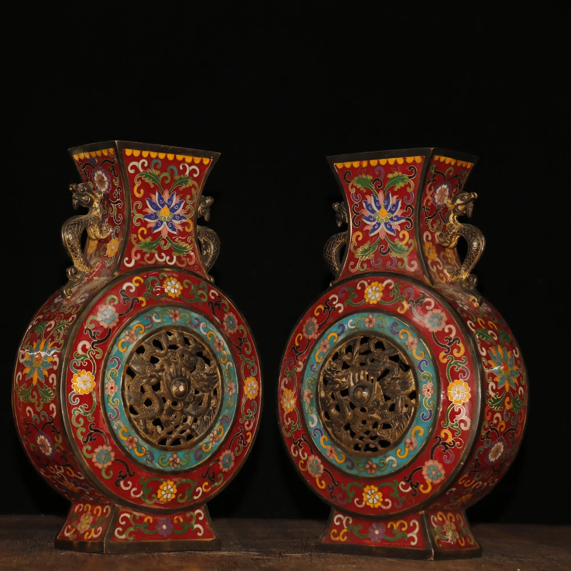 

13"Chinese temple collection Old Bronze Cloisonne Filigree vase A pair Ssangyong play bead statue Double beast bottle Ornaments